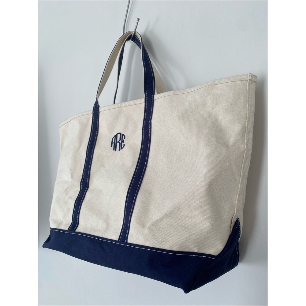 Rare L.L. Bean Canvas Boat Tote in Navy & Cream ARE Monogram Embroidered XL
